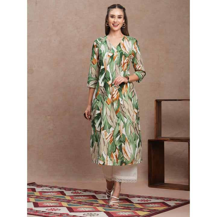 FASHOR Abstract Floral Printed A-Line Kurta Green