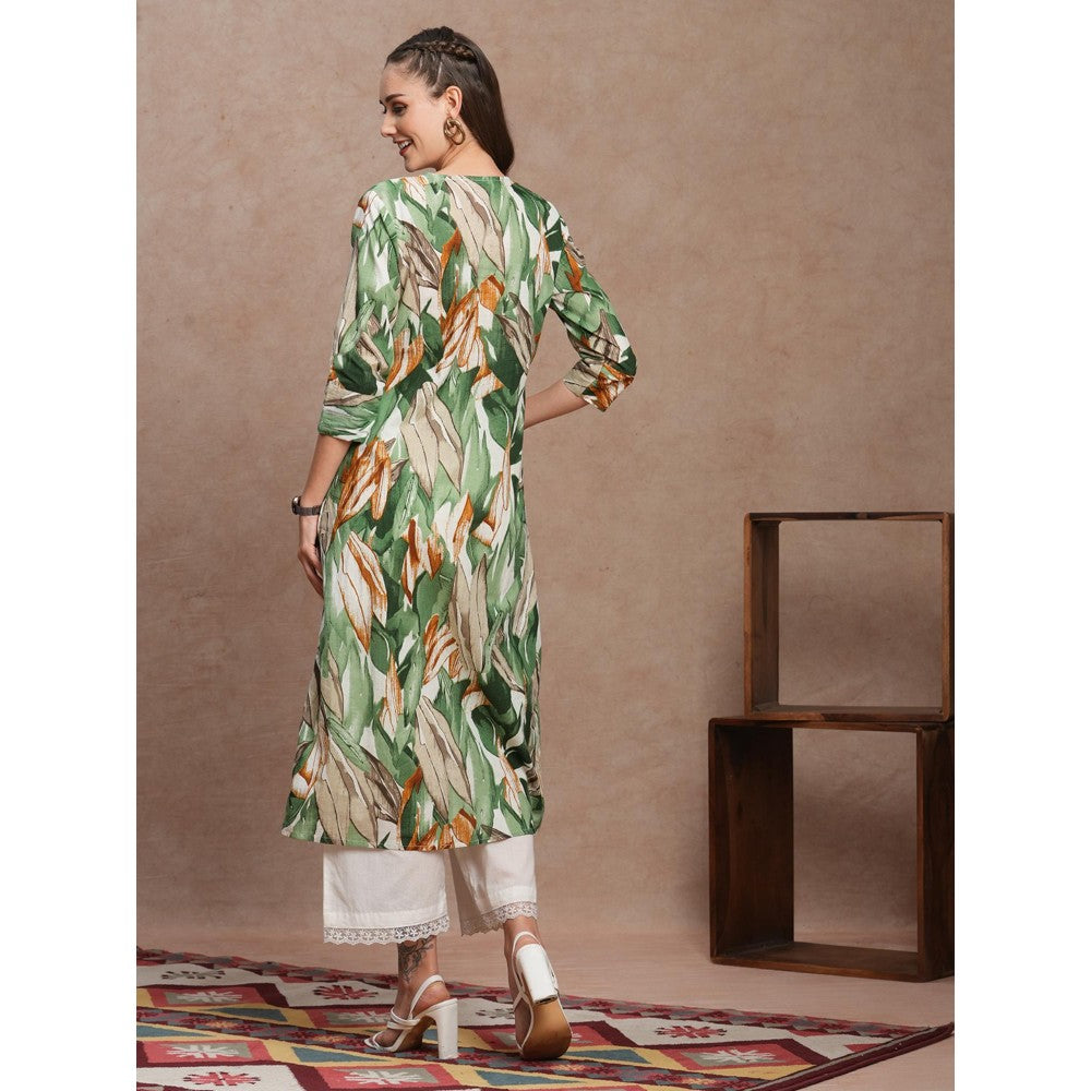 FASHOR Abstract Floral Printed A-Line Kurta Green