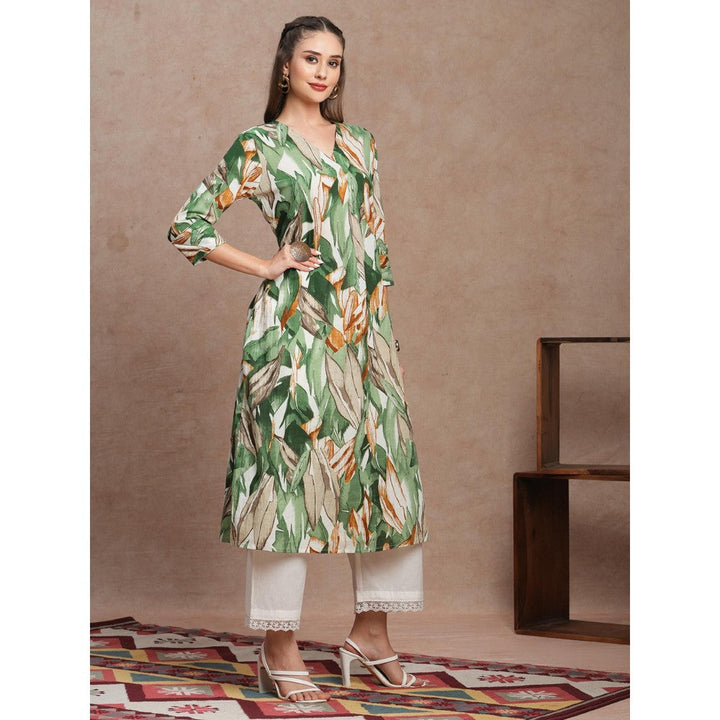 FASHOR Abstract Floral Printed A-Line Kurta Green