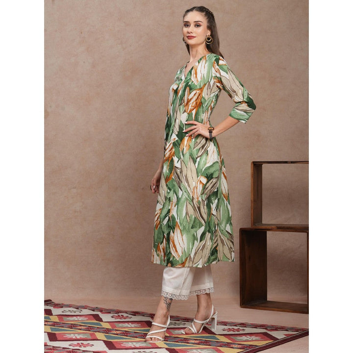 FASHOR Abstract Floral Printed A-Line Kurta Green