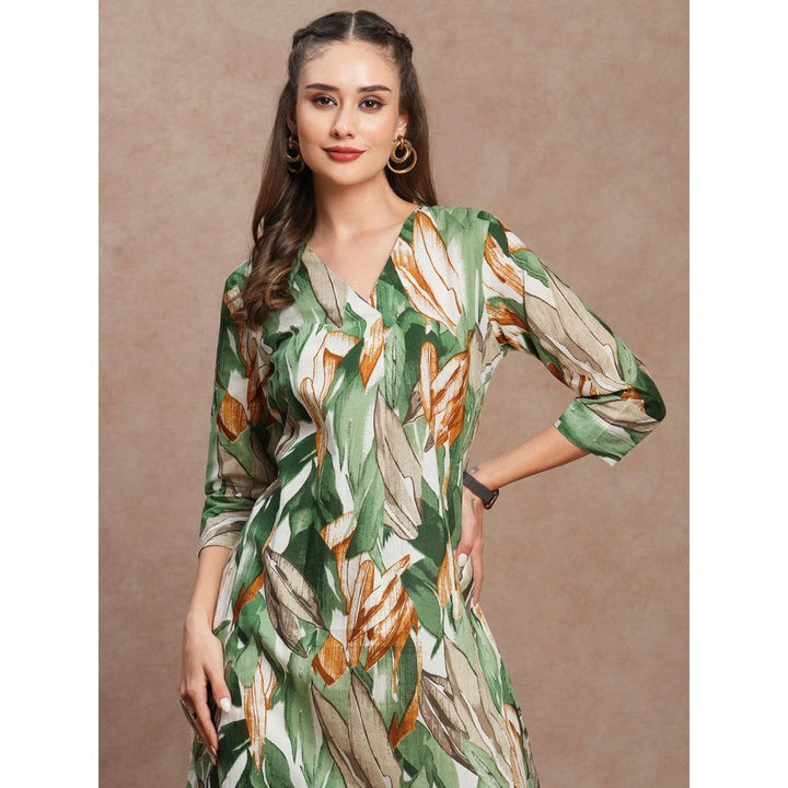 FASHOR Abstract Floral Printed A-Line Kurta Green