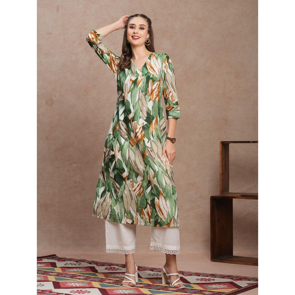 FASHOR Abstract Floral Printed A-Line Kurta Green