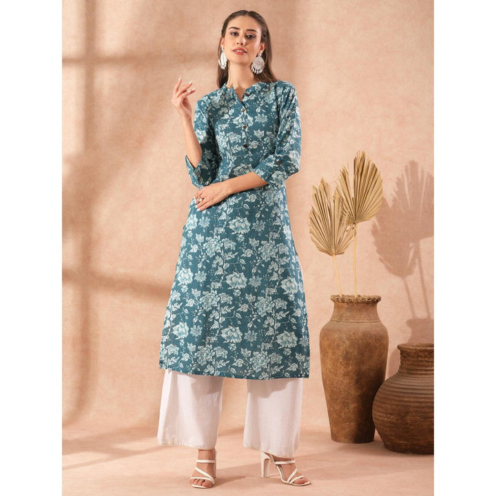 FASHOR Ethnic Floral Printed Straight Fit Kurta - Teal Blue