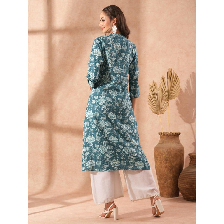 FASHOR Ethnic Floral Printed Straight Fit Kurta - Teal Blue