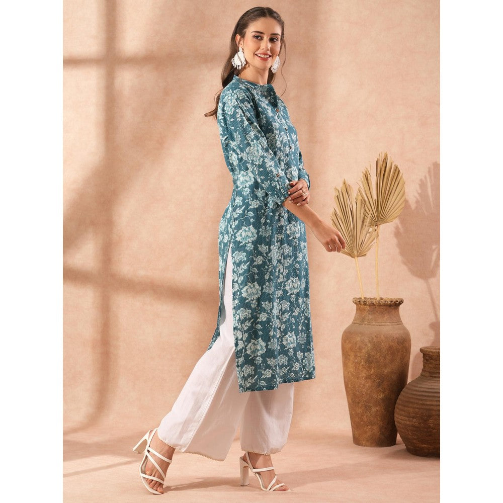 FASHOR Ethnic Floral Printed Straight Fit Kurta - Teal Blue