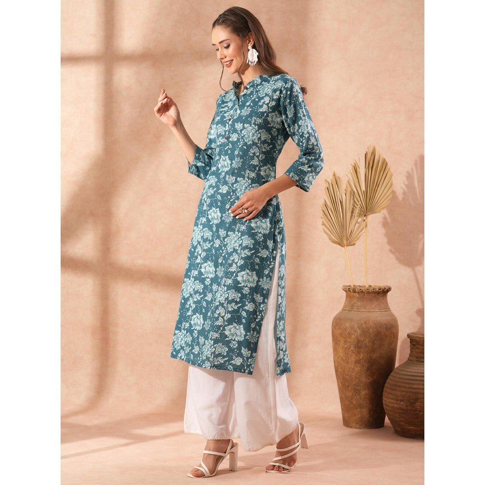 FASHOR Ethnic Floral Printed Straight Fit Kurta - Teal Blue