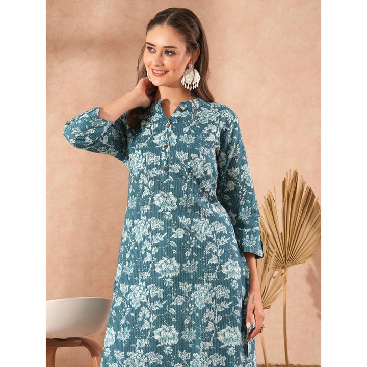 FASHOR Ethnic Floral Printed Straight Fit Kurta - Teal Blue