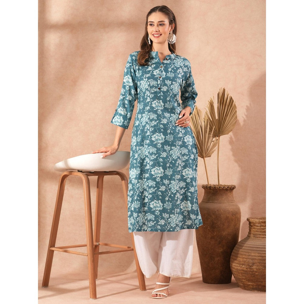 FASHOR Ethnic Floral Printed Straight Fit Kurta - Teal Blue