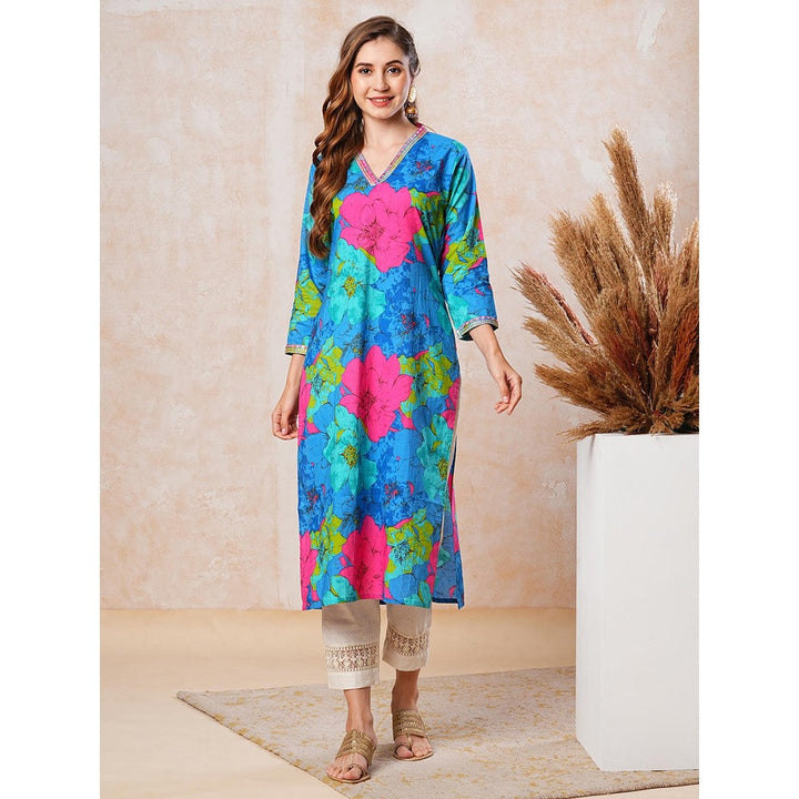 FASHOR Women Blue Floral Cotton Straight Fit Kurta