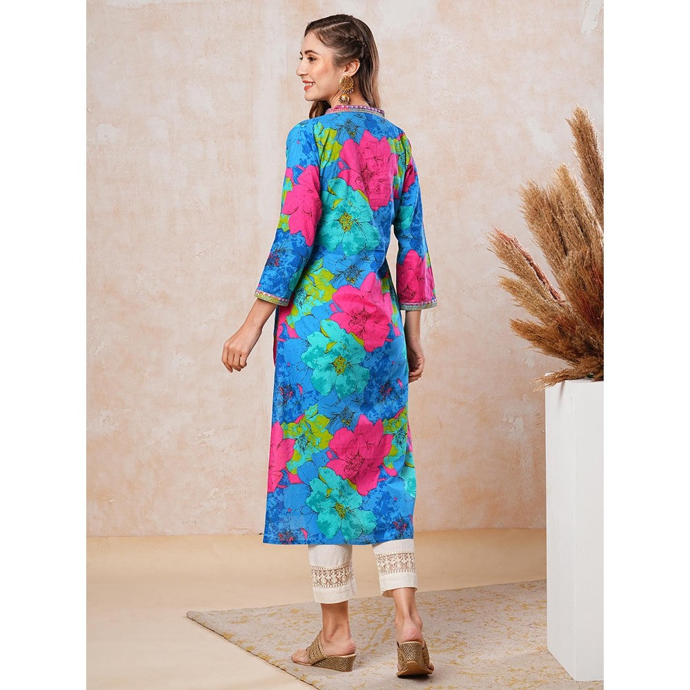 FASHOR Women Blue Floral Cotton Straight Fit Kurta