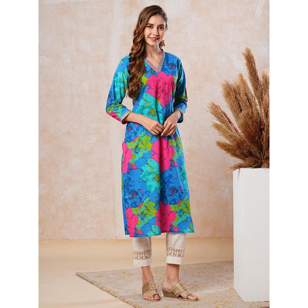 FASHOR Women Blue Floral Cotton Straight Fit Kurta