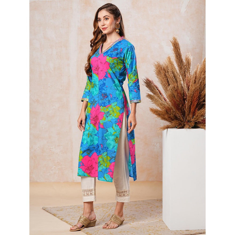 FASHOR Women Blue Floral Cotton Straight Fit Kurta