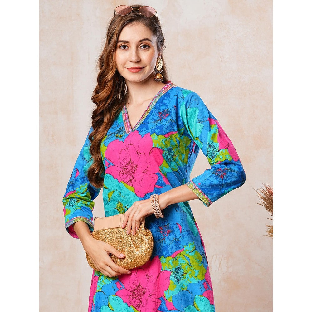 FASHOR Women Blue Floral Cotton Straight Fit Kurta