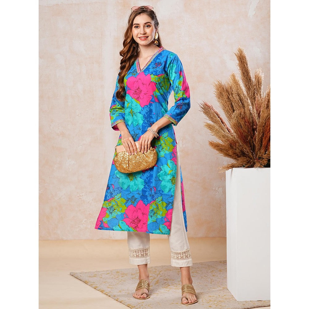 FASHOR Women Blue Floral Cotton Straight Fit Kurta