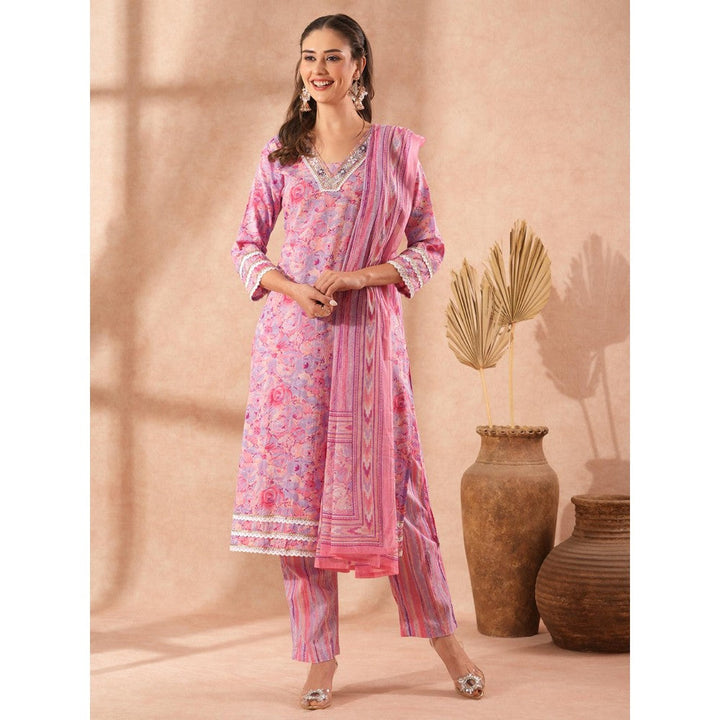 FASHOR Floral & Hand Embroidered Straight Fit Kurta with Pant and Dupatta - Pink (Set of 3)