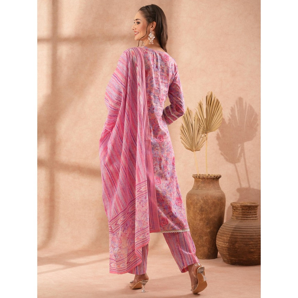 FASHOR Floral & Hand Embroidered Straight Fit Kurta with Pant and Dupatta - Pink (Set of 3)