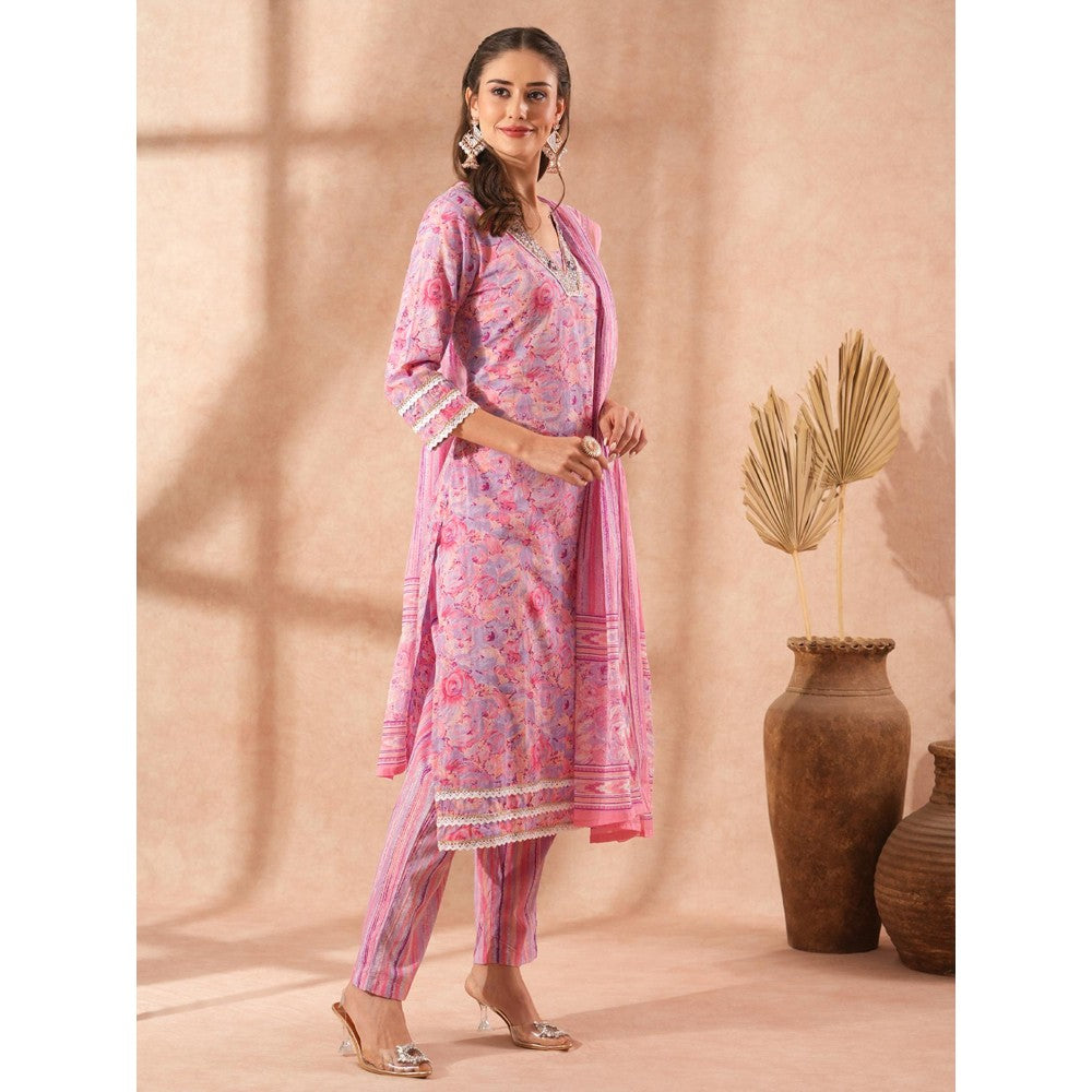 FASHOR Floral & Hand Embroidered Straight Fit Kurta with Pant and Dupatta - Pink (Set of 3)