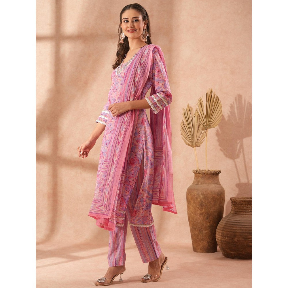 FASHOR Floral & Hand Embroidered Straight Fit Kurta with Pant and Dupatta - Pink (Set of 3)