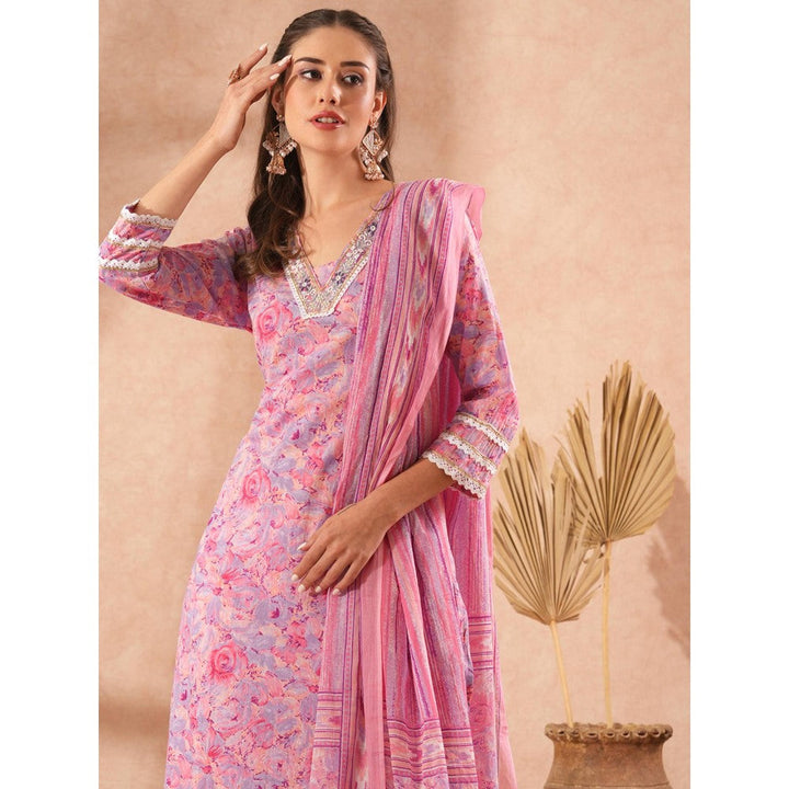 FASHOR Floral & Hand Embroidered Straight Fit Kurta with Pant and Dupatta - Pink (Set of 3)