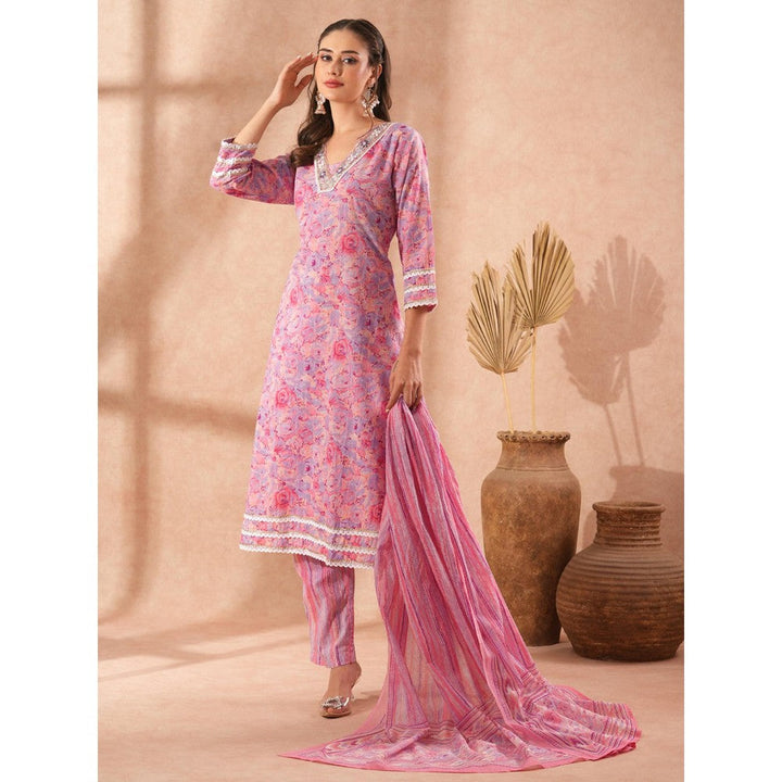 FASHOR Floral & Hand Embroidered Straight Fit Kurta with Pant and Dupatta - Pink (Set of 3)