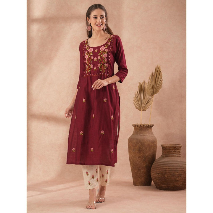 FASHOR Floral Hand Embroidered Straight Fit Kurta with Pant - Maroon (Set of 2)