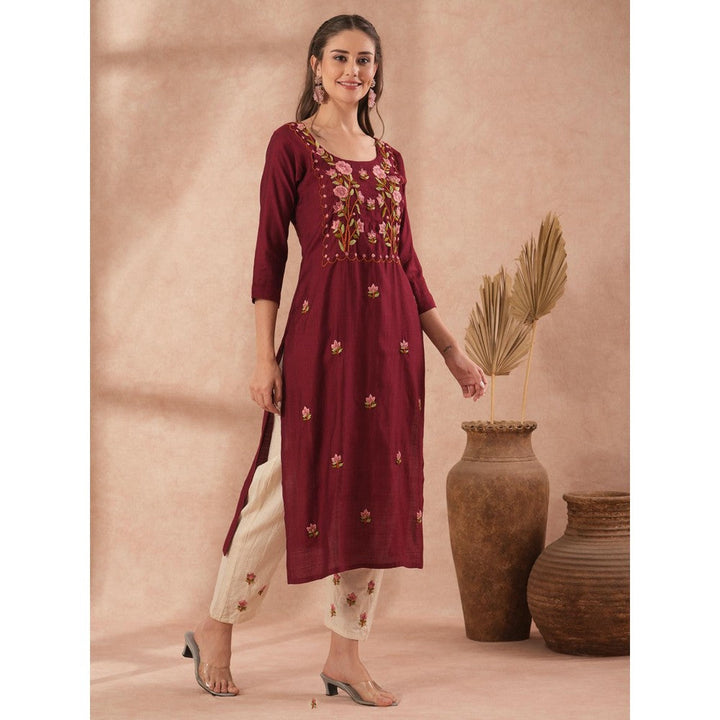 FASHOR Floral Hand Embroidered Straight Fit Kurta with Pant - Maroon (Set of 2)