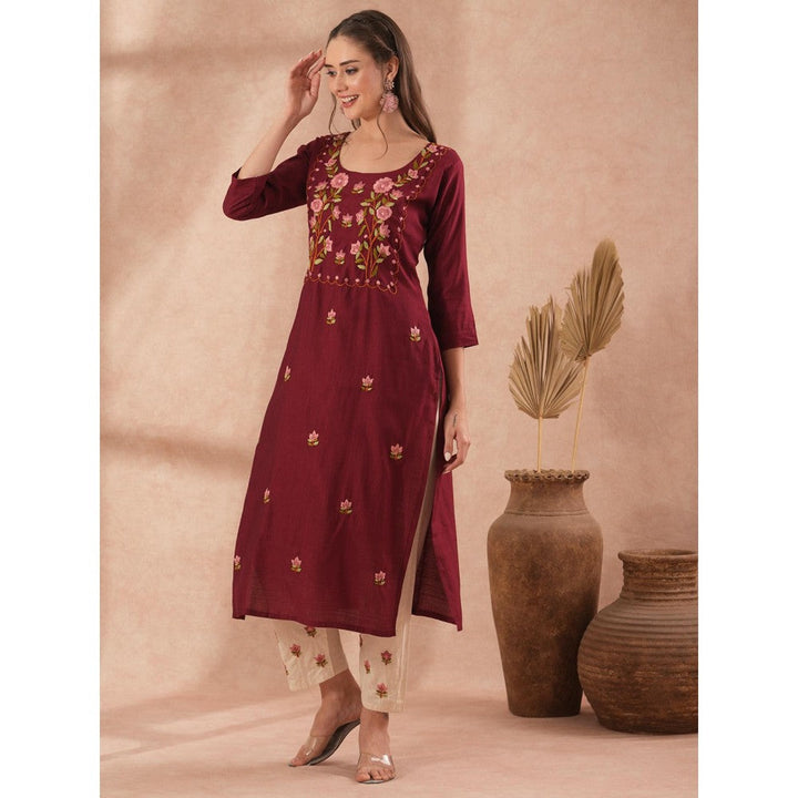 FASHOR Floral Hand Embroidered Straight Fit Kurta with Pant - Maroon (Set of 2)