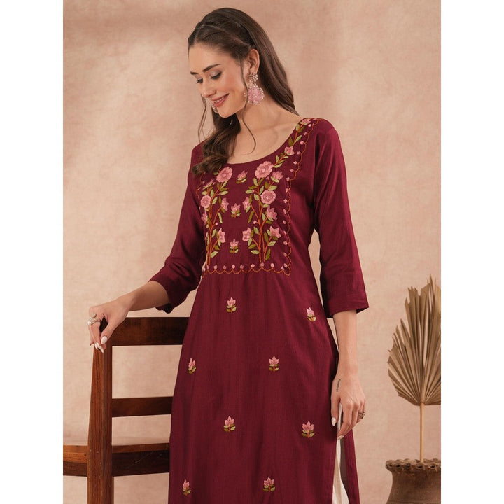 FASHOR Floral Hand Embroidered Straight Fit Kurta with Pant - Maroon (Set of 2)