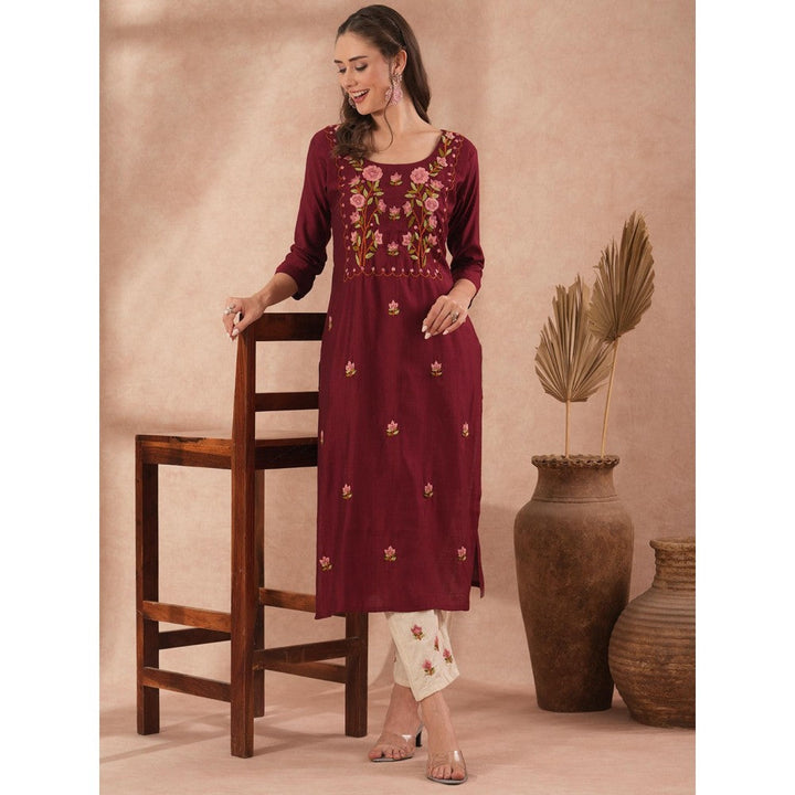 FASHOR Floral Hand Embroidered Straight Fit Kurta with Pant - Maroon (Set of 2)