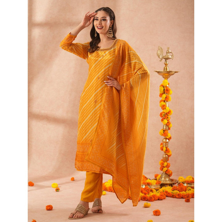 FASHOR Leheriya Embroidered Straight Fit Kurta with Pant and Dupatta - Yellow (Set of 3)