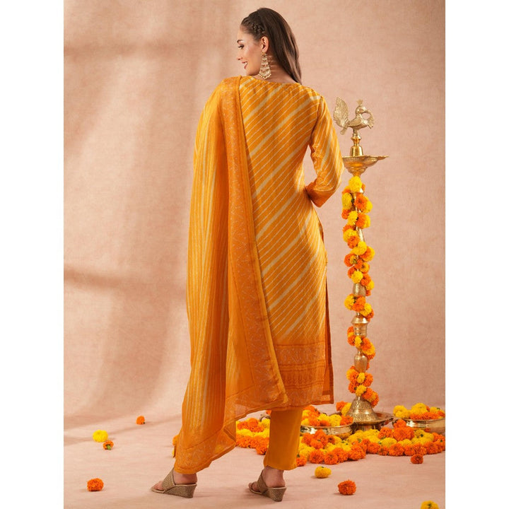 FASHOR Leheriya Embroidered Straight Fit Kurta with Pant and Dupatta - Yellow (Set of 3)