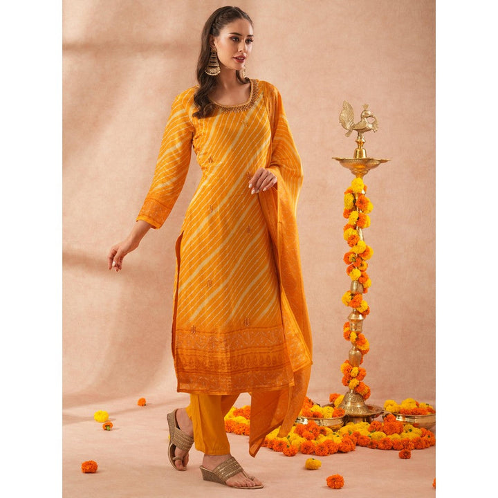 FASHOR Leheriya Embroidered Straight Fit Kurta with Pant and Dupatta - Yellow (Set of 3)