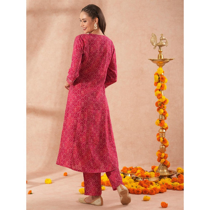 FASHOR Ethnic Bandhani Foil Printed A-Line Kurta with Pant - Magenta (Set of 2)