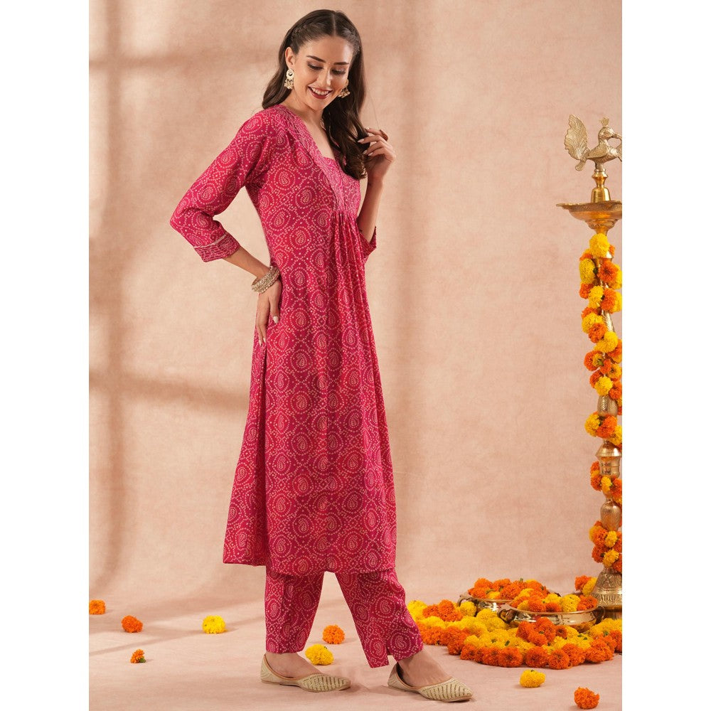 FASHOR Ethnic Bandhani Foil Printed A-Line Kurta with Pant - Magenta (Set of 2)