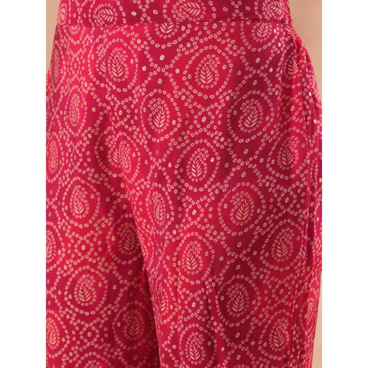 FASHOR Ethnic Bandhani Foil Printed A-Line Kurta with Pant - Magenta (Set of 2)