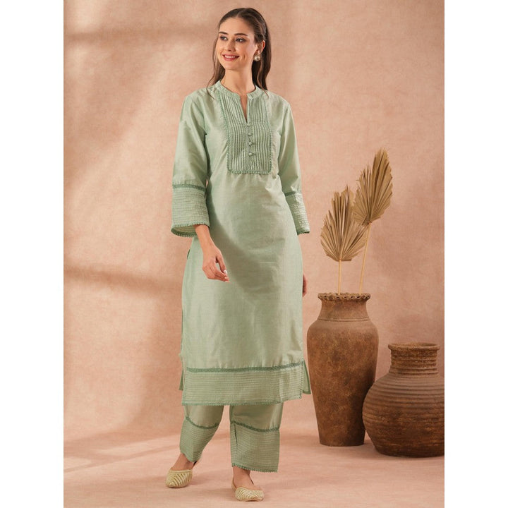 FASHOR Solid Pin Tucked Straight Fit Kurta with Pant - Mint Green (Set of 2)