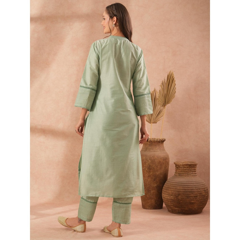 FASHOR Solid Pin Tucked Straight Fit Kurta with Pant - Mint Green (Set of 2)