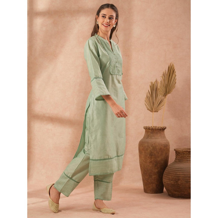 FASHOR Solid Pin Tucked Straight Fit Kurta with Pant - Mint Green (Set of 2)