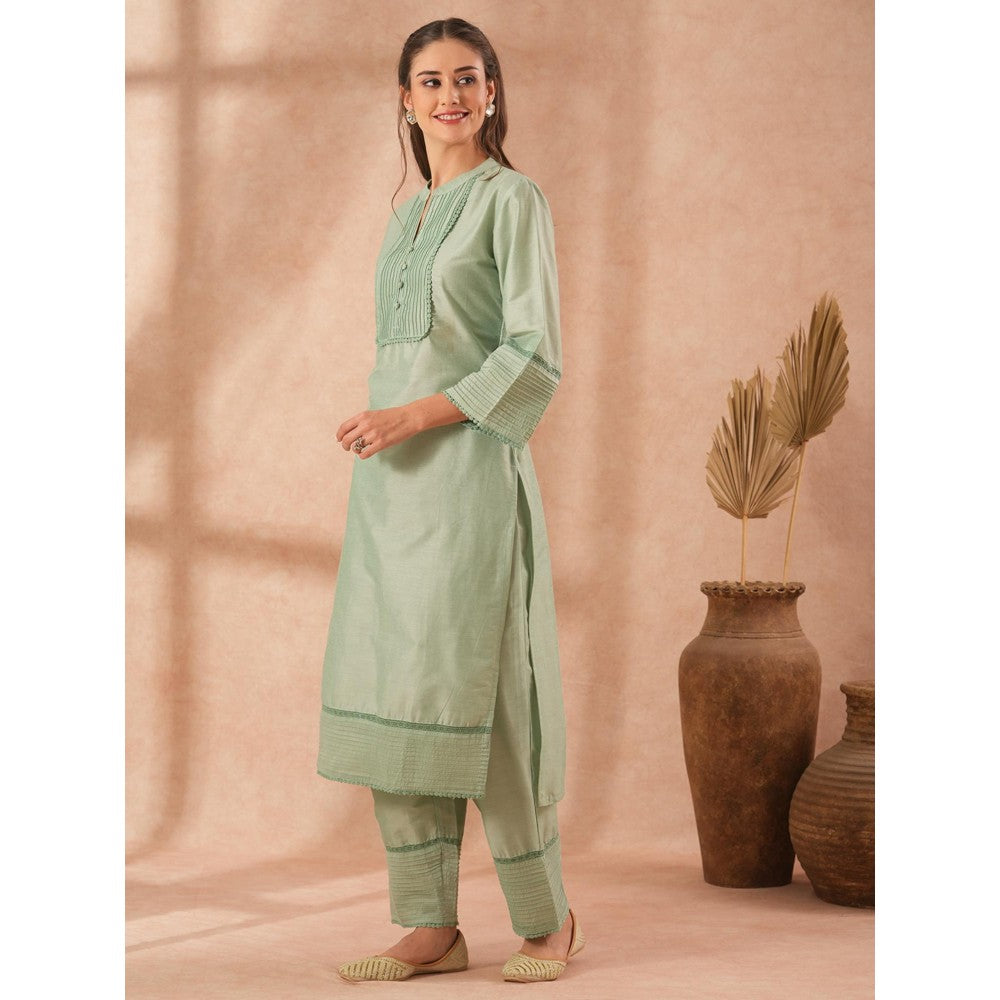 FASHOR Solid Pin Tucked Straight Fit Kurta with Pant - Mint Green (Set of 2)