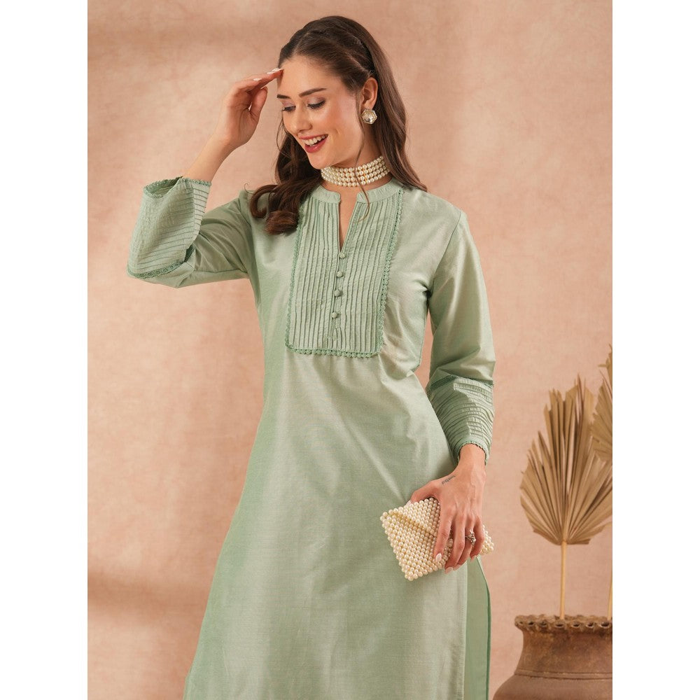 FASHOR Solid Pin Tucked Straight Fit Kurta with Pant - Mint Green (Set of 2)