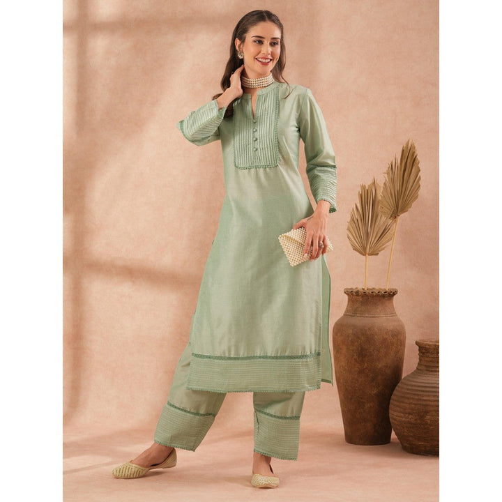 FASHOR Solid Pin Tucked Straight Fit Kurta with Pant - Mint Green (Set of 2)