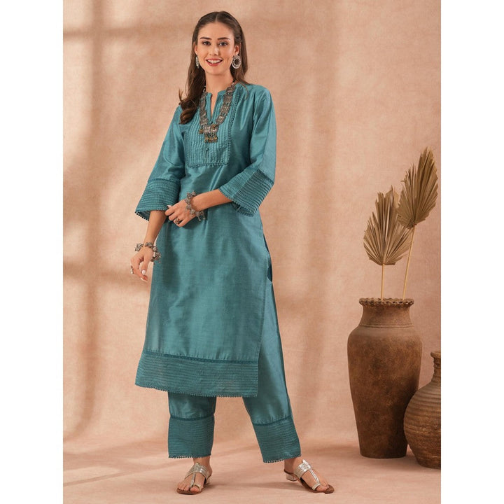 FASHOR Solid Pin Tucked Straight Fit Kurta with Pant - Blue (Set of 2)