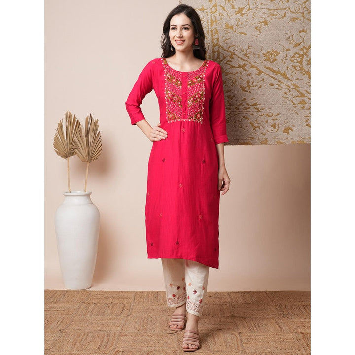 FASHOR Floral Hand Embroidered Straight Fit Kurta with Pant - Pink (Set of 2)