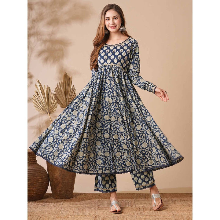 FASHOR Women Floral Printed Navy Blue Empire Fit Anarkali Kurta with Pant (Set of 2)