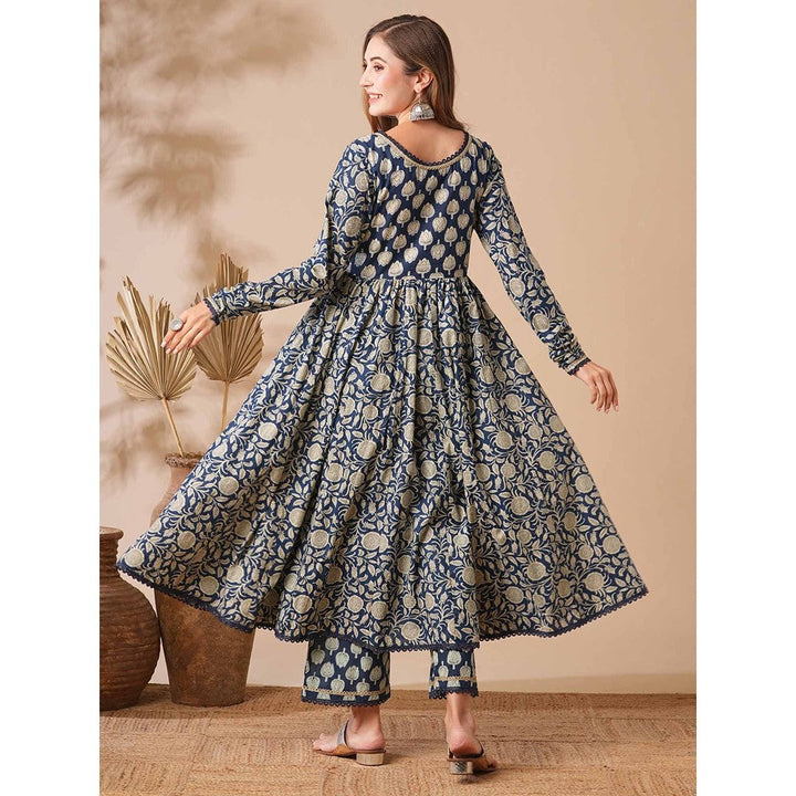 FASHOR Women Floral Printed Navy Blue Empire Fit Anarkali Kurta with Pant (Set of 2)