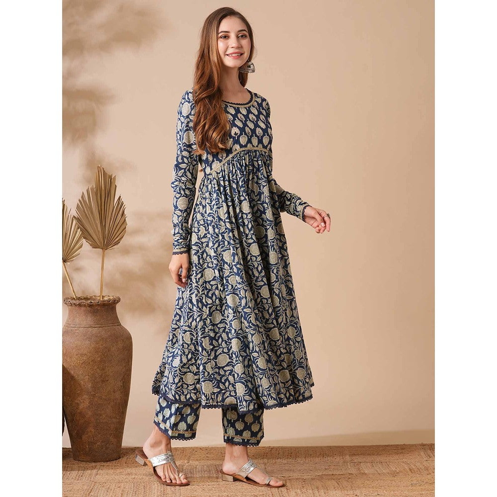 FASHOR Women Floral Printed Navy Blue Empire Fit Anarkali Kurta with Pant (Set of 2)