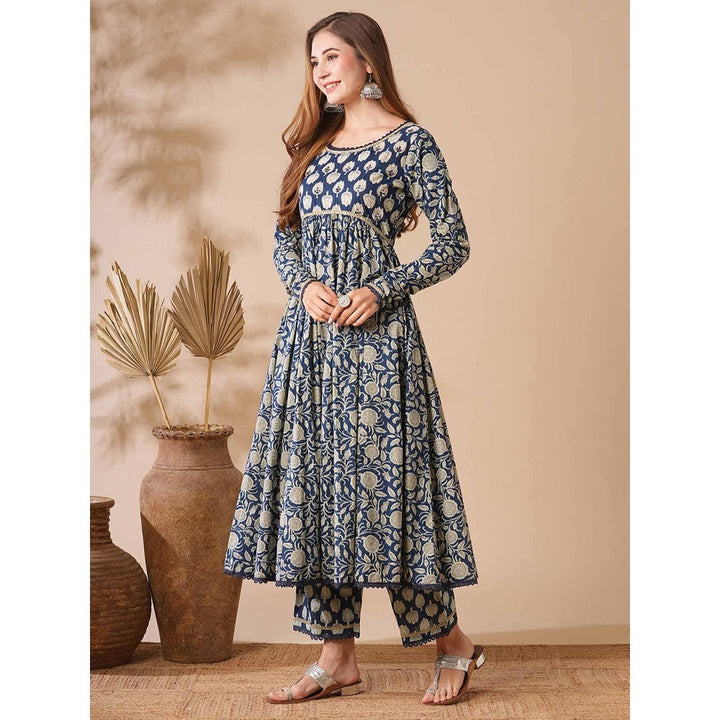 FASHOR Women Floral Printed Navy Blue Empire Fit Anarkali Kurta with Pant (Set of 2)