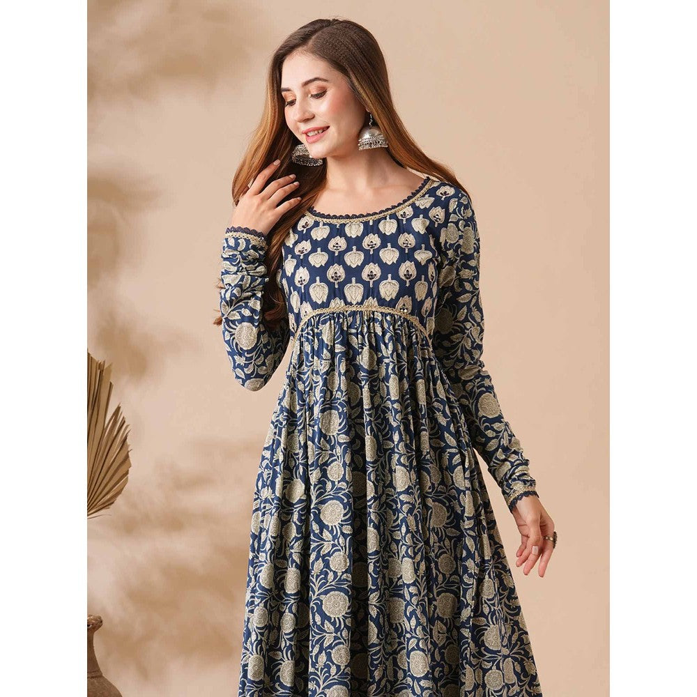 FASHOR Women Floral Printed Navy Blue Empire Fit Anarkali Kurta with Pant (Set of 2)