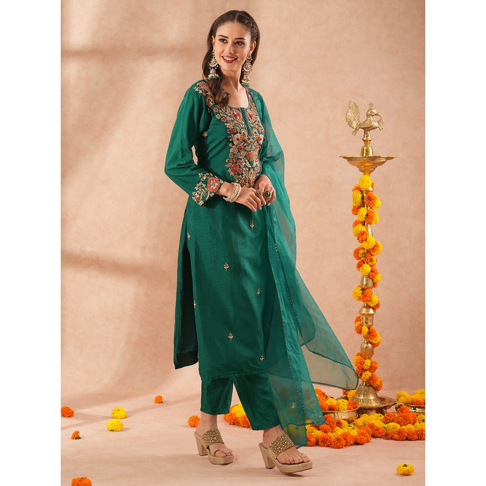 FASHOR Floral Embroidered Straight Fit Kurta with Pant and Dupatta - Green (Set of 3)