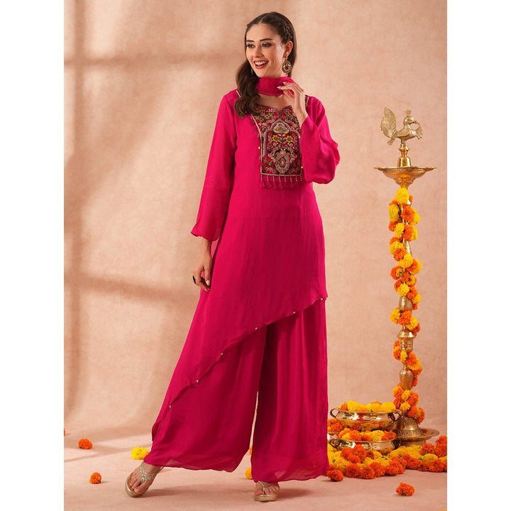 FASHOR Floral Embroidered Asymmetric Kurta with Palazzo and Dupatta - Pink (Set of 3)